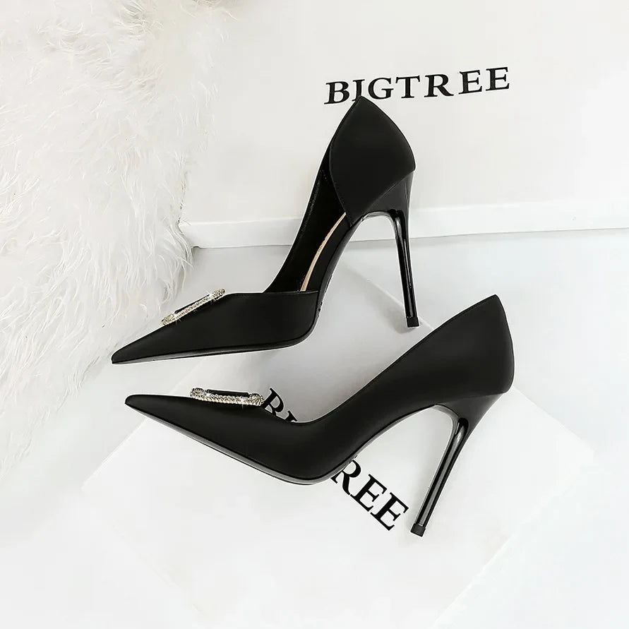 BIGTREE Pumps Elegant Pointed Crystal Buckle Slim High Heel Single Shoes Women Silk Spring/Summer High Heel Pumps Wedding Dress