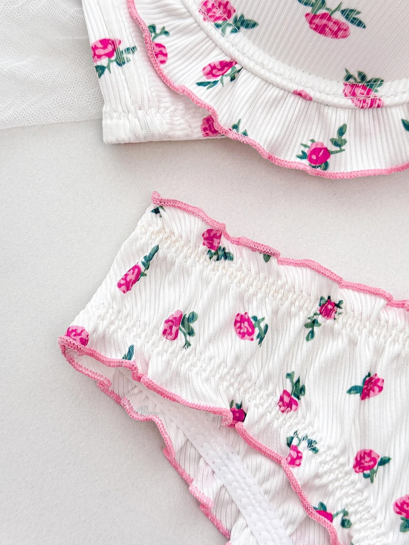 Sweet Floral Print Women Lingerie Set Bow Ruffle Trim Underwire Bra Comfy ladies Panties Daily Bra Set