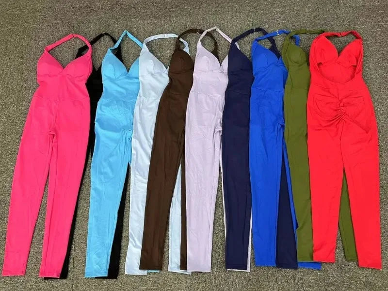 Women's Seamless Yoga Jumpsuits Sports Fitness Peach Hip-lifting Beauty Backless One-piece Pocket Tight Workout Gym Bodysuit