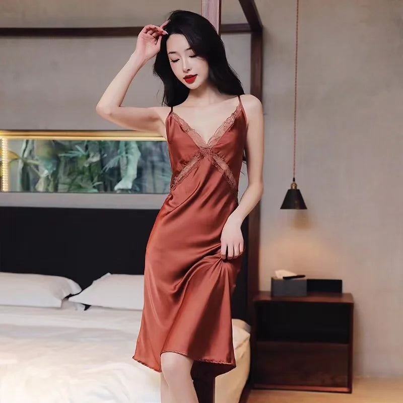 Sexy Silk Nightgowns Lace Satin Nightdress New Summer Women Home Strap Sleepwear Lingerie Long Sleeping Dress