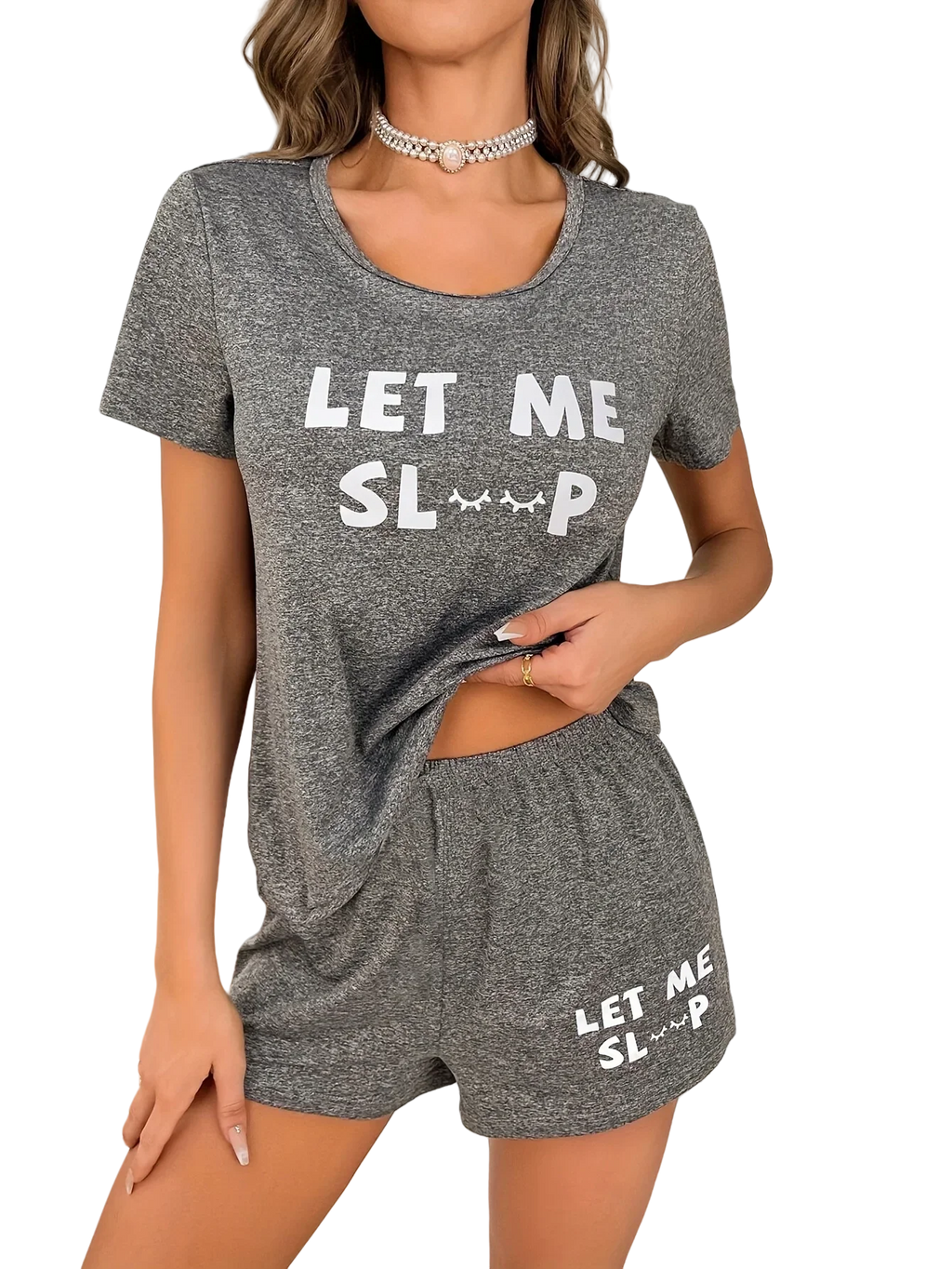 Women Pajama Set Gray Short Sleeve Top and Shorts with White Letter Print “LET ME SLEEP” Cute Casual Loungewear Sleepwear