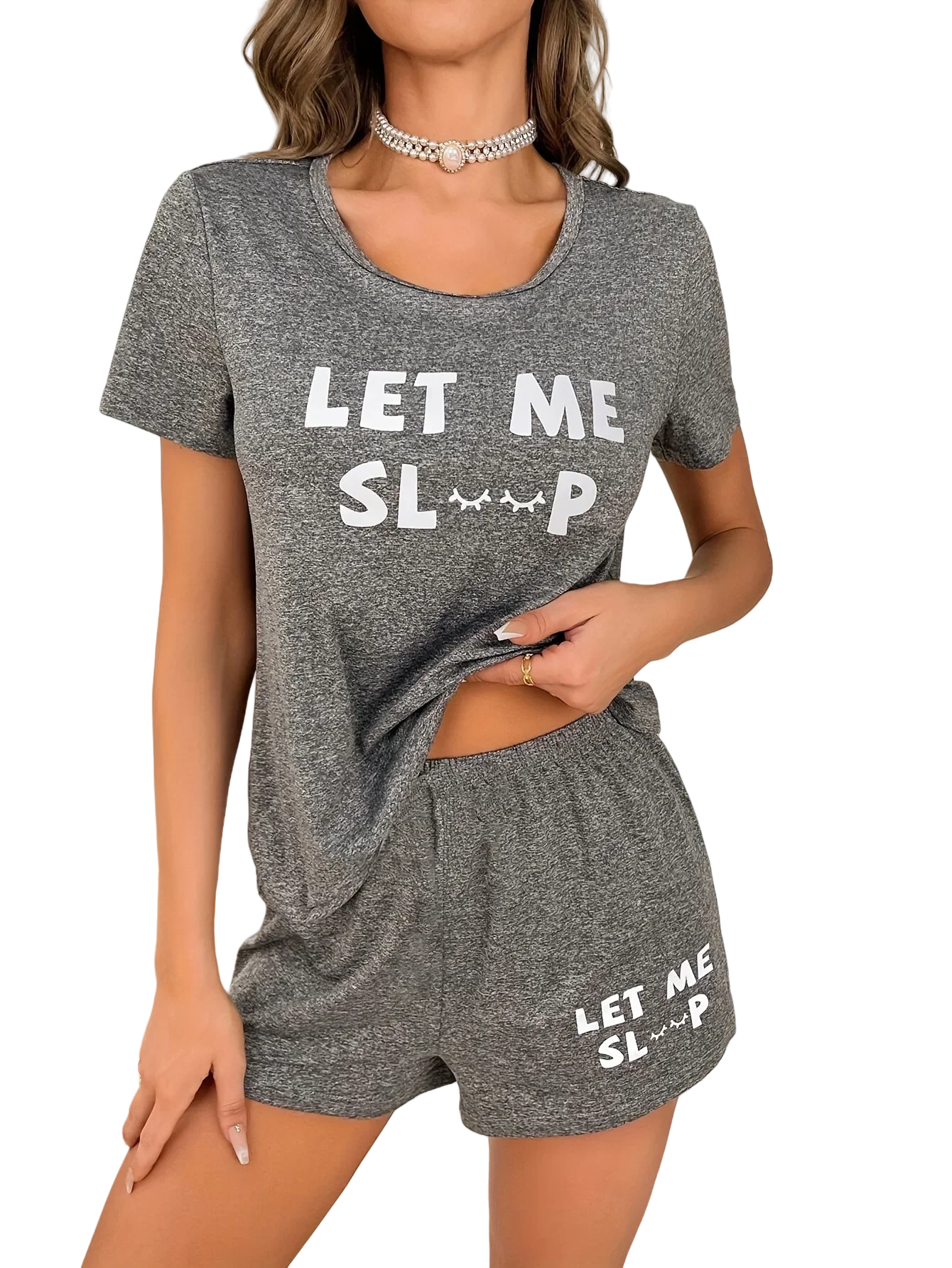 Women Pajama Set Gray Short Sleeve Top and Shorts with White Letter Print “LET ME SLEEP” Cute Casual Loungewear Sleepwear
