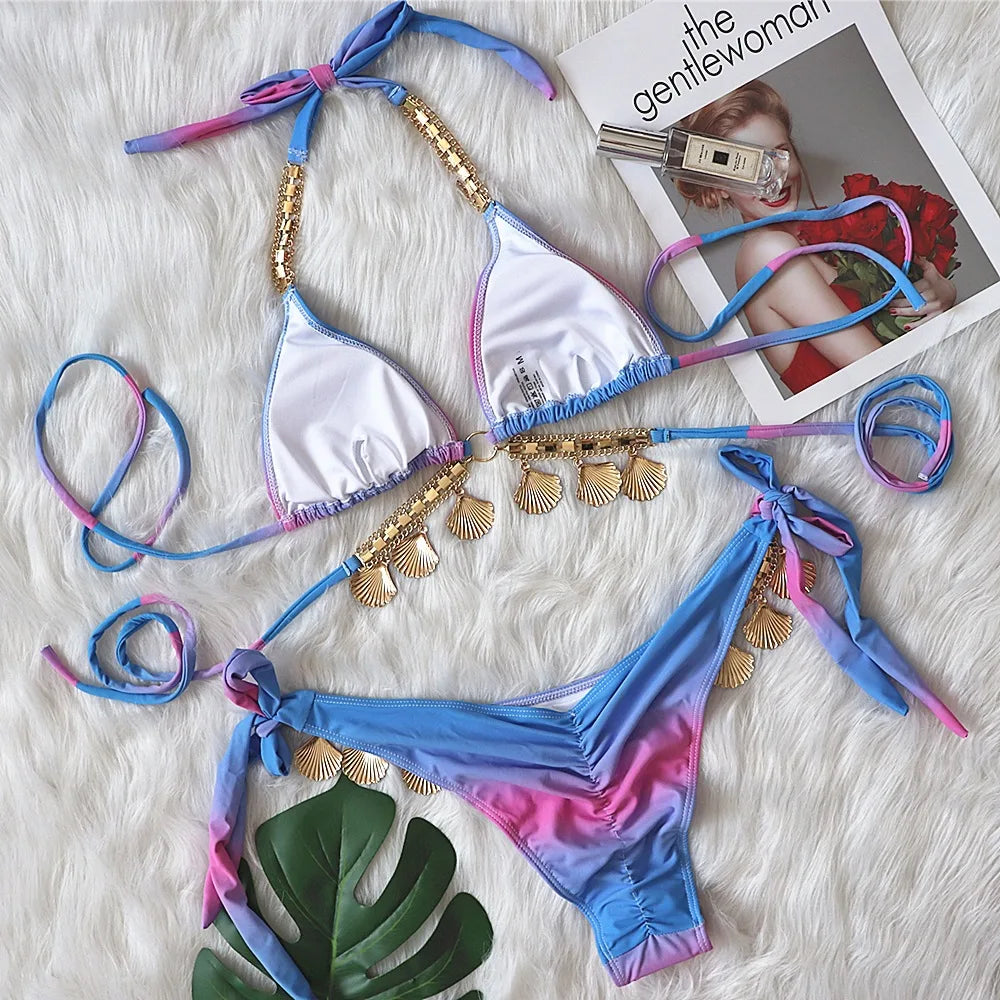 Women's Bikini Sexy Strap Gradient Print Luxury Crystal Diamond Bikini Shell Swimsuit