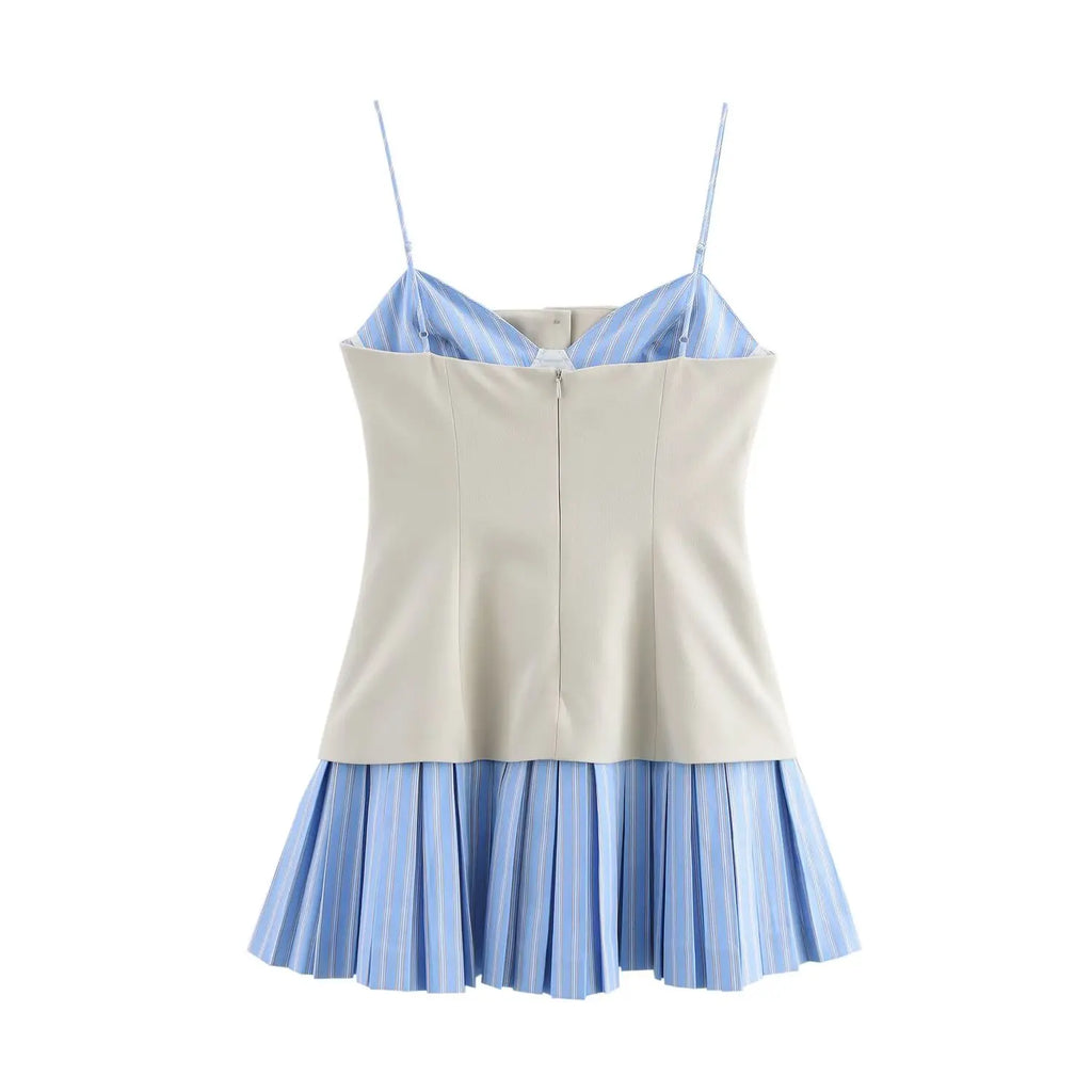 Foridol Striped Pleated Short Summer Dress Women Buttons Decor Spaghetti Strap V Neck Bodycon Mini Spring Beach Vestidos New In