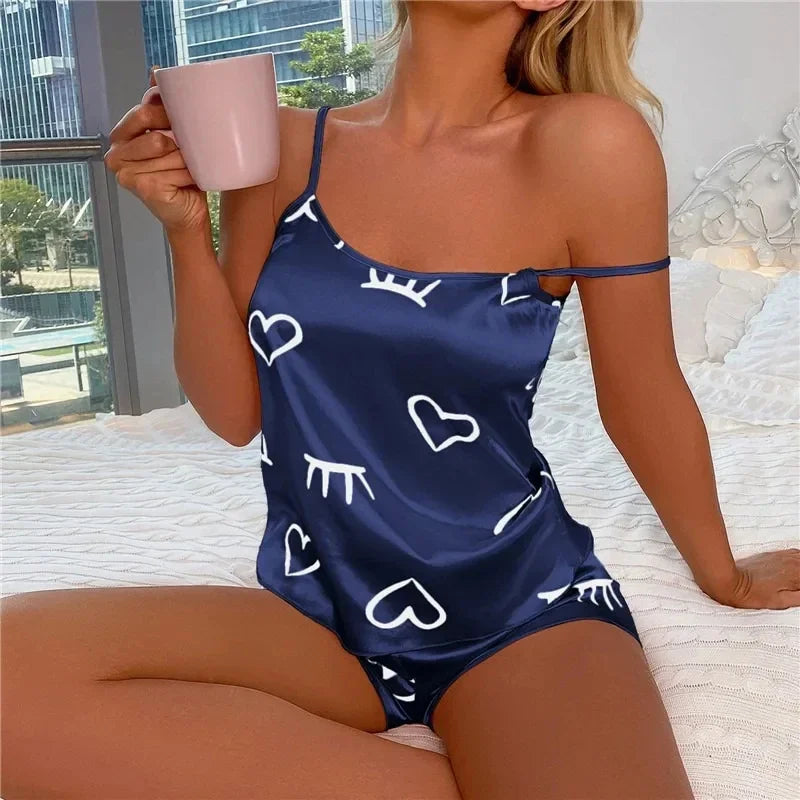 Women Ice Silk Pajamas Sleepwear Pajama Set Camisole Shorts Gray Pink Low Cut Comfortable Casual Summer