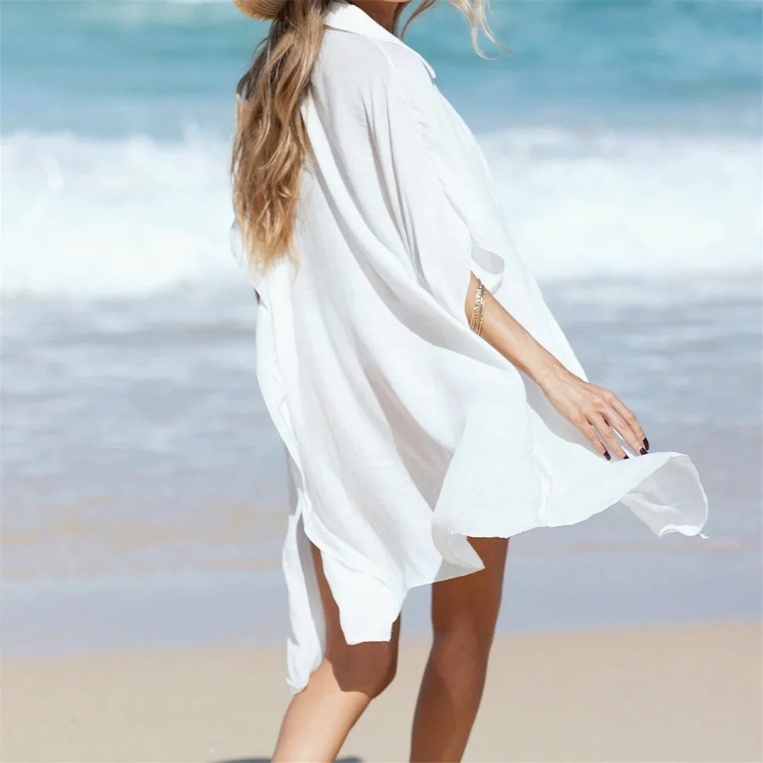 4 Colors Short Sleeve Long Shirt Top Blouse Tunic Beach Dress Beach Wear Beachwear Beach Cover Up Cover-upsFemale Women V7538