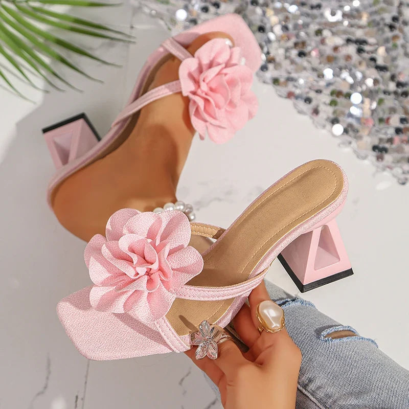 Pink Flower Thick Heeled Sandals Women Elegant Square Toe Party Wedding High Heel Shoes Woman Plus Size 43 Summer Sandalias