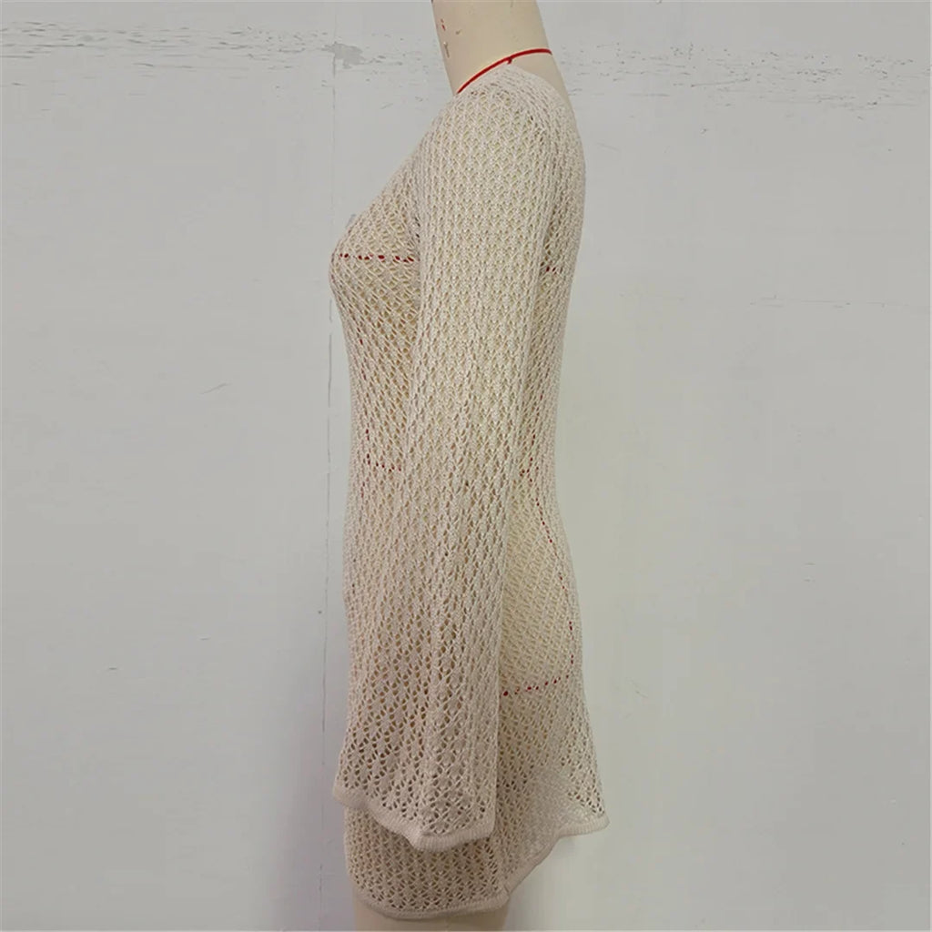 V Neck Long Sleeve Hollow Out Crochet Knitted Tunic Beach Cover Up Cover-ups Beach Dress Beach Wear Beachwear Female Women V7643