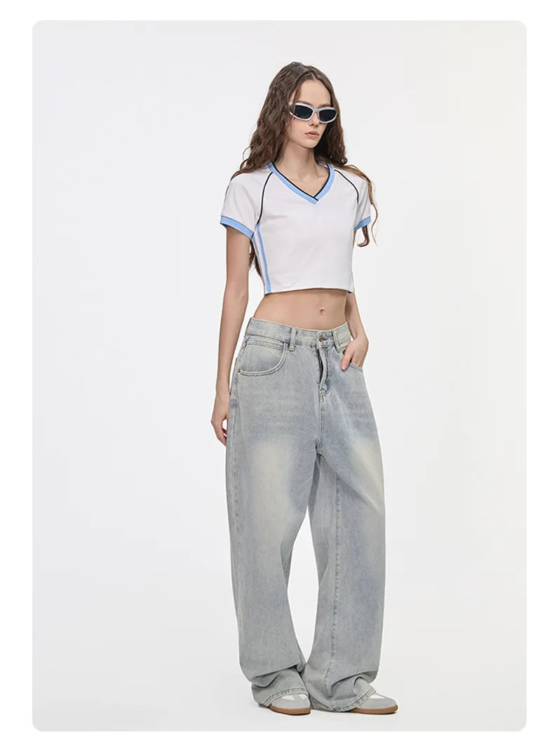 Hot girl top V-neck exposed navel contrasting color splicing clothes women's street short-sleeved T-shirt