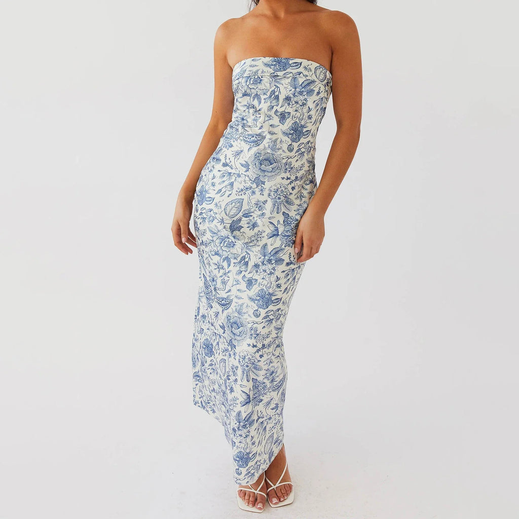 Women's Summer Sleeveless Strapless Long Dress Stylish Floral Print Sleeveless Tube Bodycon Dresses