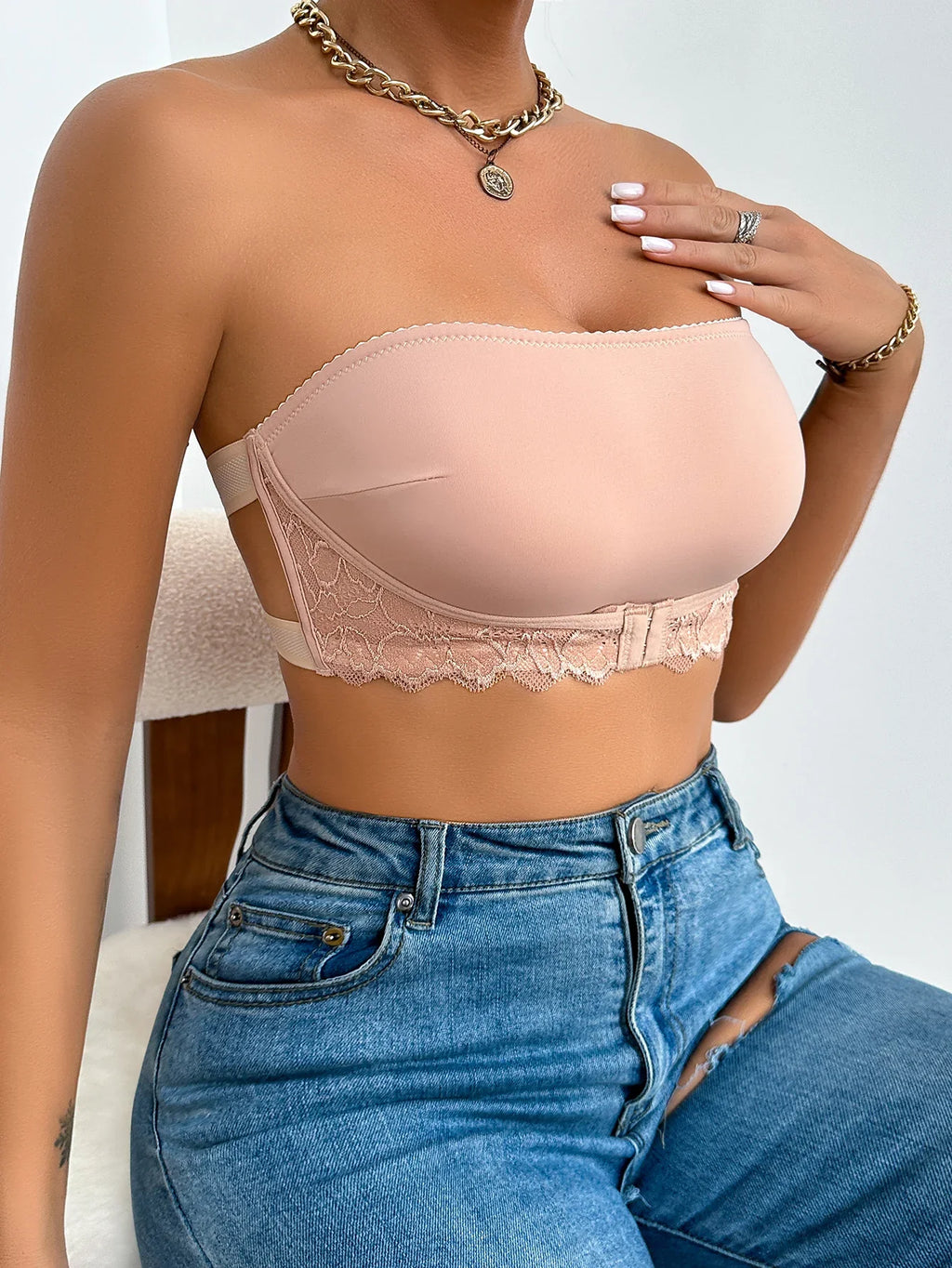 Women Strapless Lingerie Front BuckleAnti Slip Gathering Invisible straplessBack Lingerie Wrap Bra Pull Up Pink Brassere MR2832