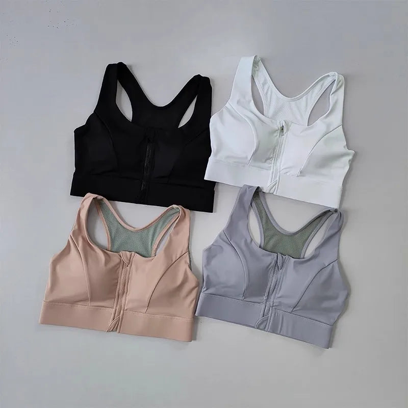 Large Size Women's Sports Fitness Bra Shock-Absorbing Gathered Front Zipper Design No Buckle Needed for Comfortable Fit