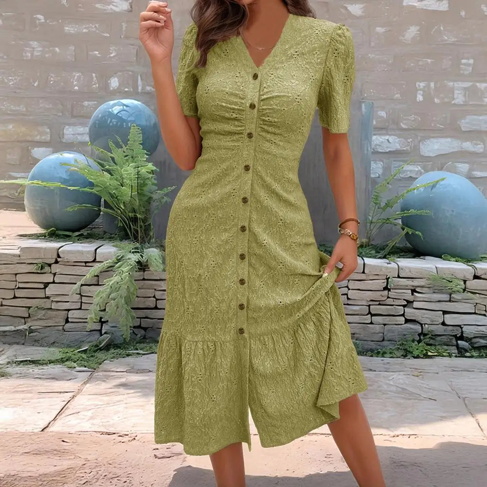 Women's Button Down Ruched Long Dress Summer Beach A-Line Swing Sundress Casual Short Sleeve V-Neck Maxi Dress