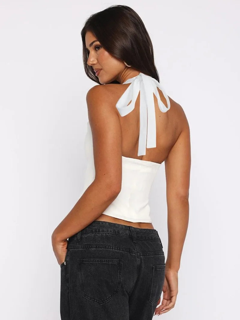 FDYOUI Sexy Hollow Out Corset Tops for Women Halter Backless Bandage Skinny Camisoles Lady White Black Cropped T-shirt Clubwear