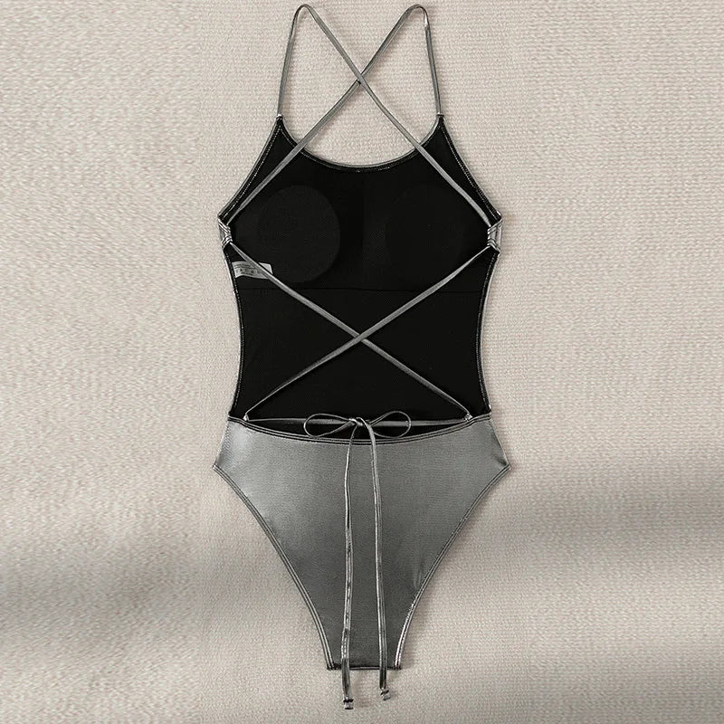 sexy glitter metallic silver backless swimsuit one piece bikini bandage swimwear bodysuits women biquini bathing suits tankini