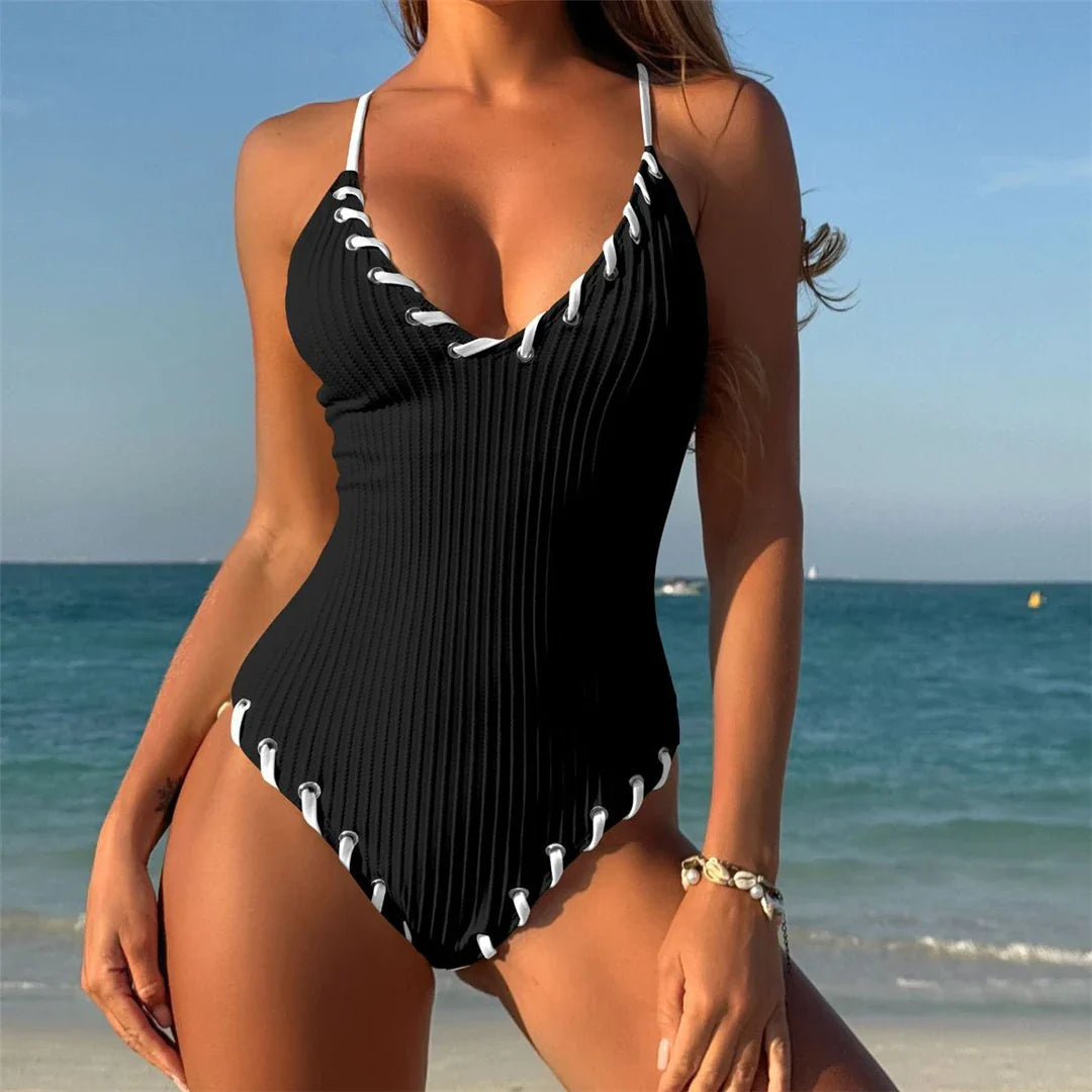 5 Colors V Neck Ribbed Cross Back One Piece Swimsuit Women Swimwear Female High Leg Cut Monokini  Bather Bathing Suit Swim V6278