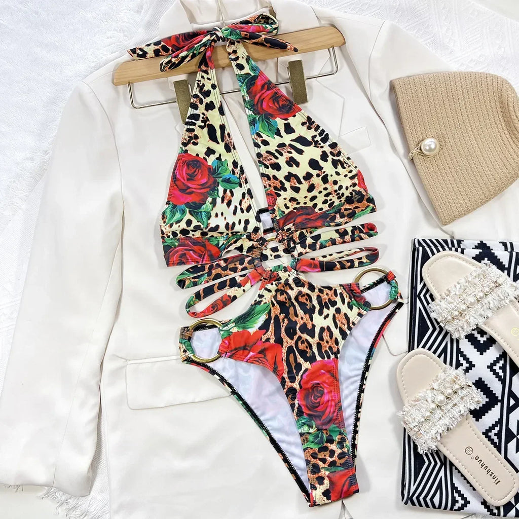 Sexy Rose Leopard Print Metal Ring Swimsuit One Piece Hollow Out Bikinis Swimwear Bodysuits Women Biquini Bathing Suits Tankini