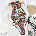 Sexy Rose Leopard Print Metal Ring Swimsuit One Piece Hollow Out Bikinis Swimwear Bodysuits Women Biquini Bathing Suits Tankini