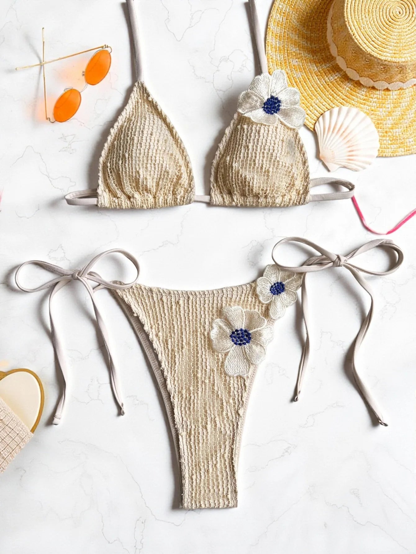 New Summer Women's Micro Bikini Set Crochet 3d Flower Decor Swimsuit Sexy Backless Low Waist Swimwear Push Up Thong Bathing Suit