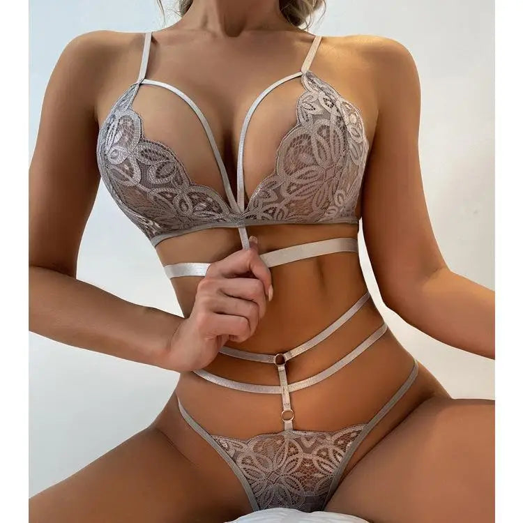 Sexy Lingerie Open Bra Set Transparent Lace  Deep V Open Bra And Panty Sets Erotic Costumes Women Sleepwear Plus Size Underwear