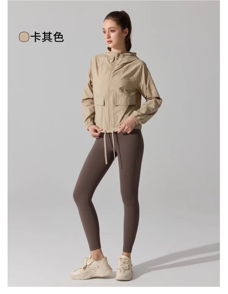 Outdoor Windproof Mountaineering Jacket Women Fashion Lightweight Sun Protection Sports Hooded Top Casual Loose Hiking Yoga Suit