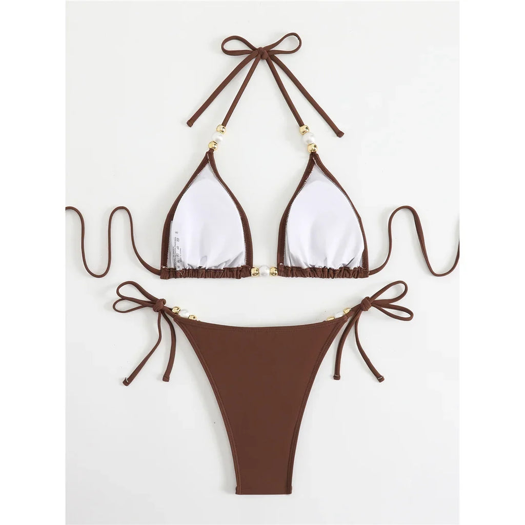 New Halter Pearls Bikini Women Swimwear Female Swimsuit Two-pieces Bikini set High Leg Cut Padded Bather Bathing Suit Swim K7194