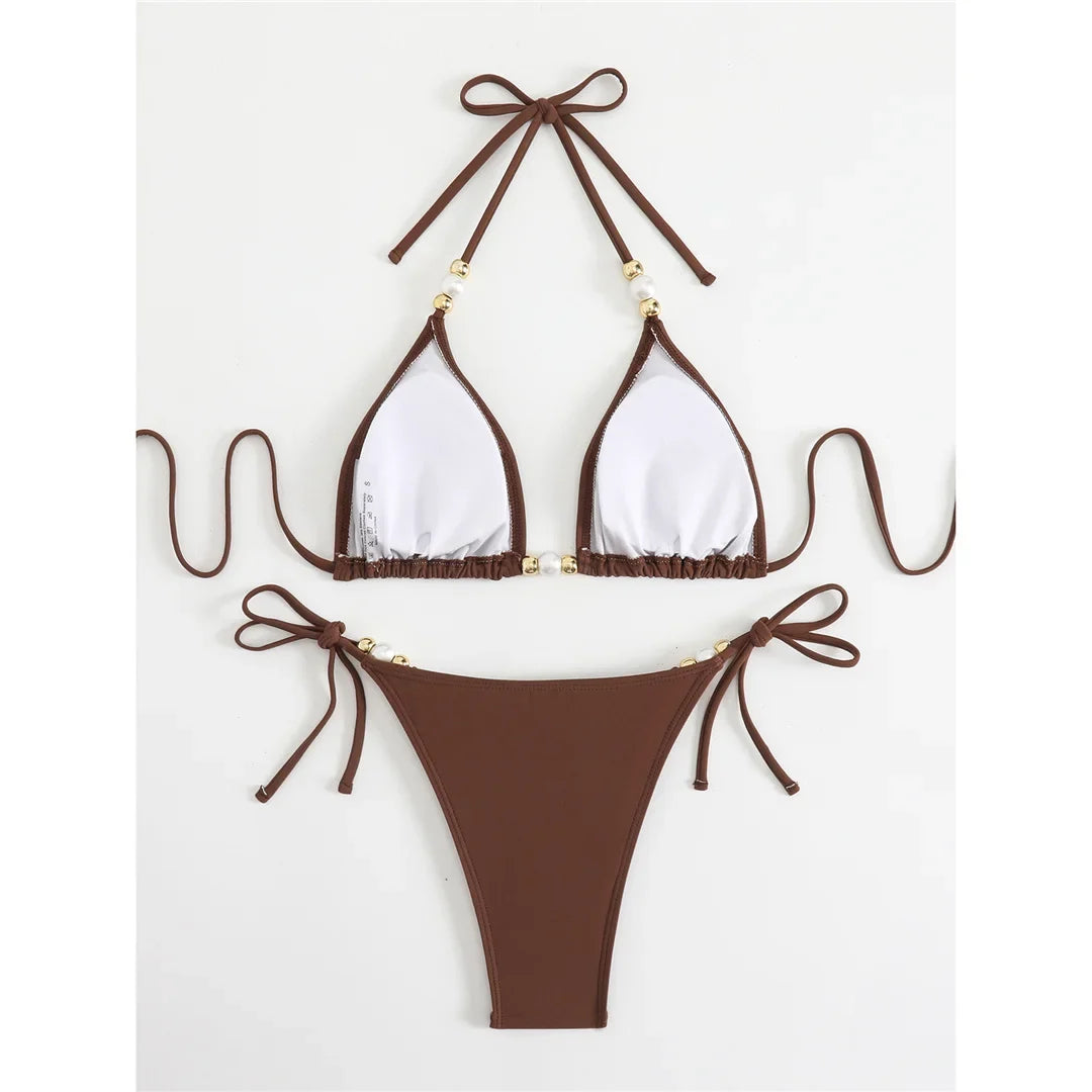 New Halter Pearls Bikini Women Swimwear Female Swimsuit Two-pieces Bikini set High Leg Cut Padded Bather Bathing Suit Swim K7194