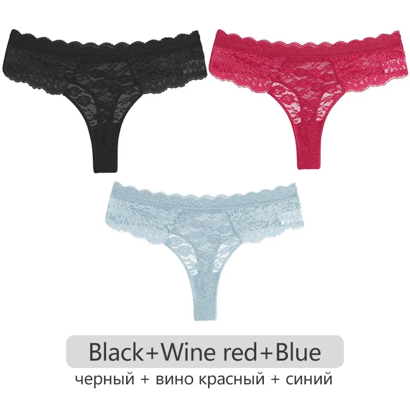 Full Lace Thongs Women 3Pcs/set Sexy G-string Underpants S-XL Ladies Floral T-Back Underwear Female Bikini Panties Girl Lingerie