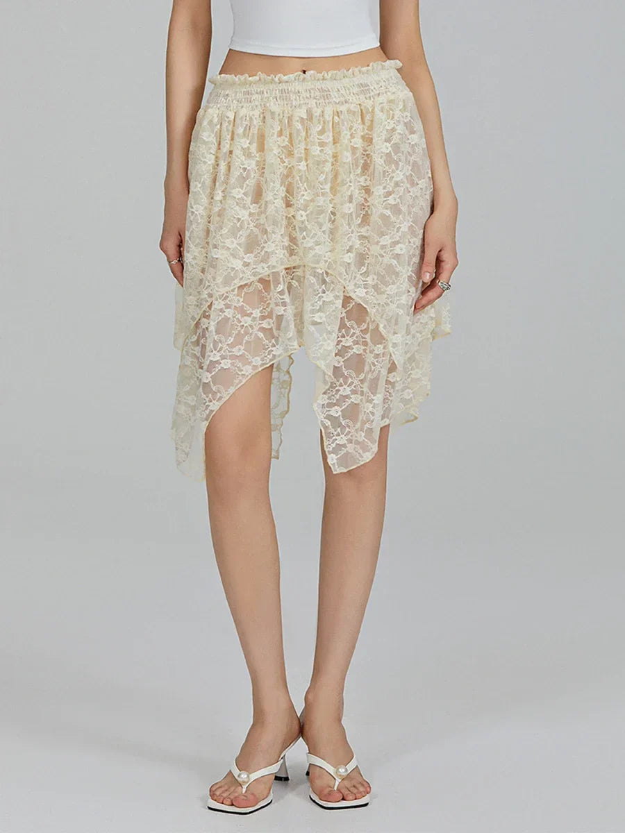 Women's Lace Skirts High Waist Irregular Hem Skirts Summer Korean Fashion Gothic Sexy Club Beach Skirts