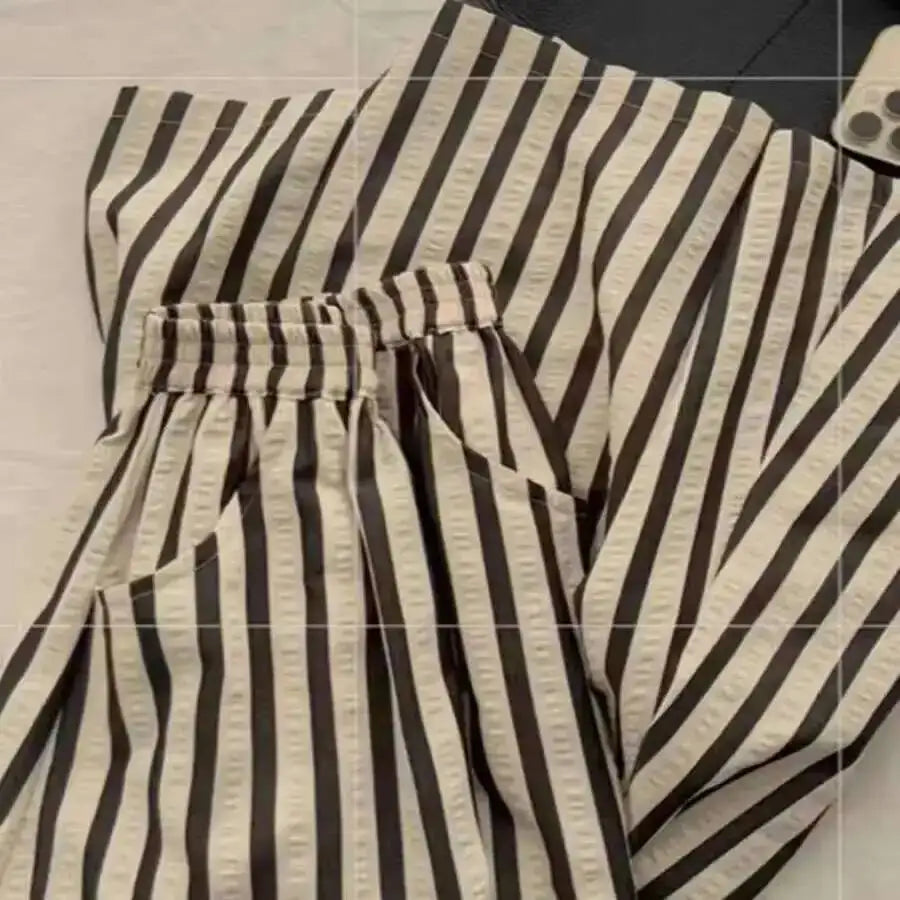 Retro Chic Solid Color Striped Skirt For Women In Summer, High Waisted And Slimming A-line Mid Length Umbrella Skirt Casual OHS8