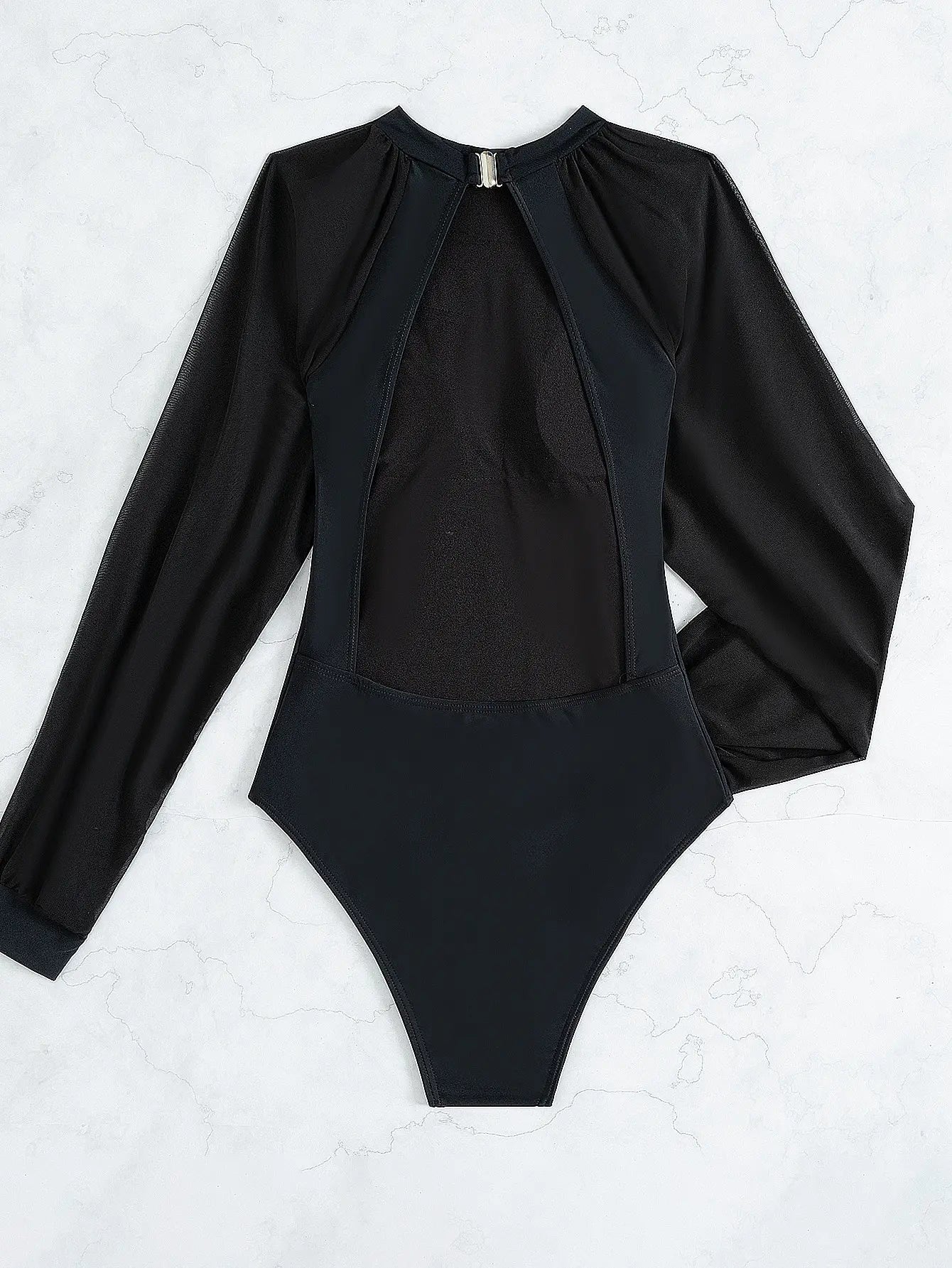 2026 Black Contrast Mesh Swimsuit One Piece Long Sleeve Swimwear Women Bathing Suit Female Swimming Summer Beachwear Bodysuit