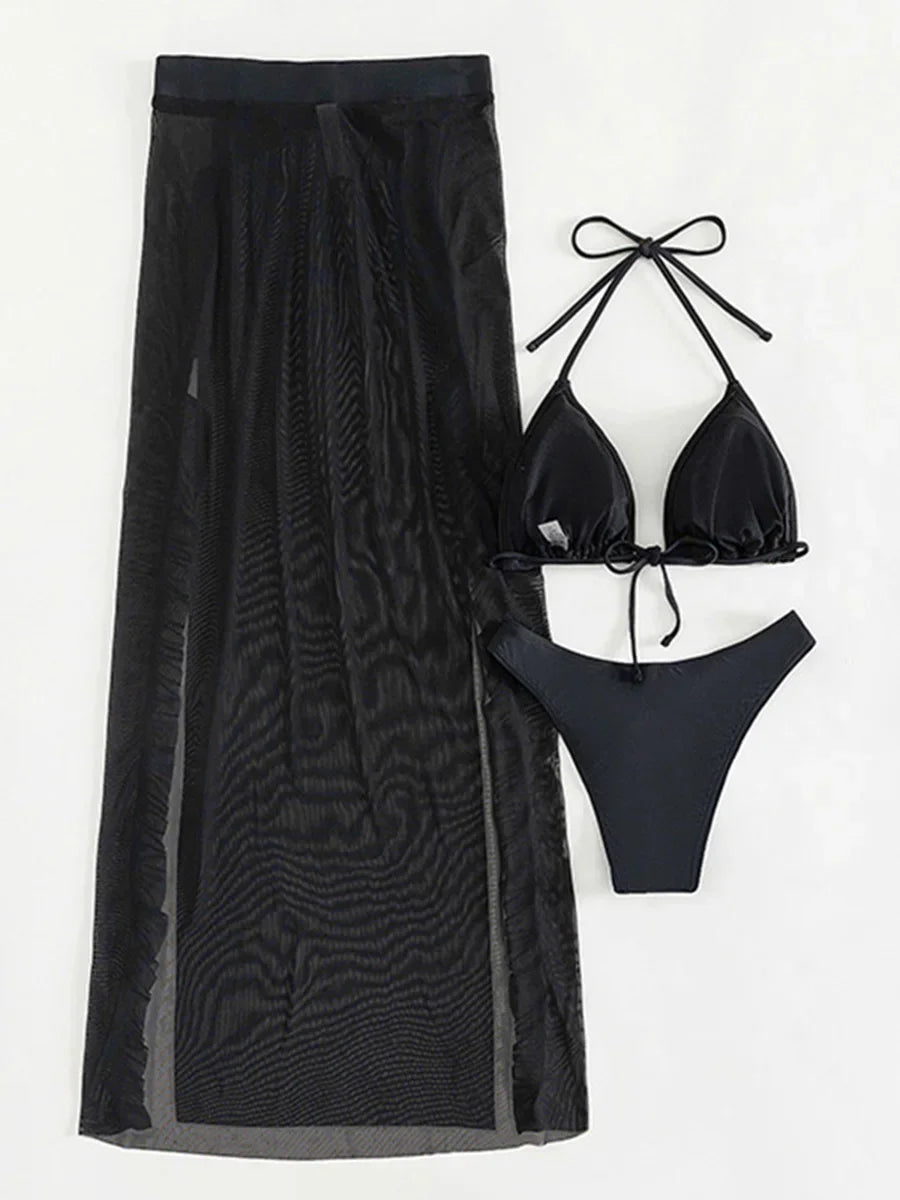 3D Flowers Ruffled Halter Long Skirt Bikini Women Swimwear Female Swimsuit Three-pieces Bikini Set Bathing Suit Swim Beach Wear