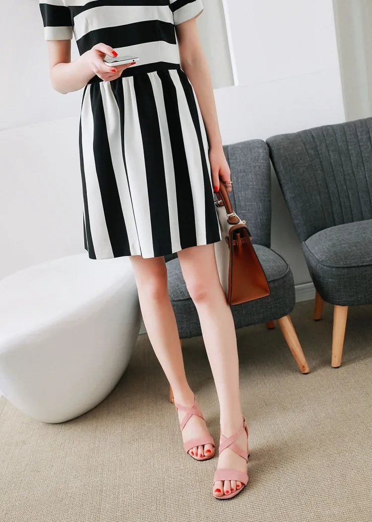 Big Size Casual Women Sandals Black Flock 7cm High Square Heels Peep Toe Summer Cross Buckle Strap Party Office Red Lady Sandals