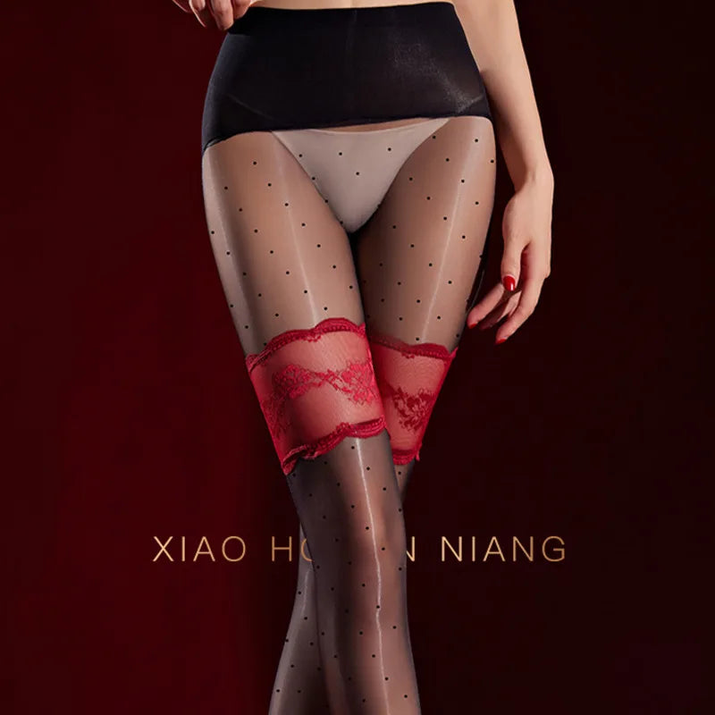 Polka Dot Fake Two-Piece Lace Long Pantyhose Aurora Glossy Open Crotch Two-Tone Spliced Sexy Pantyhose Solid Color Elegant 8WS3