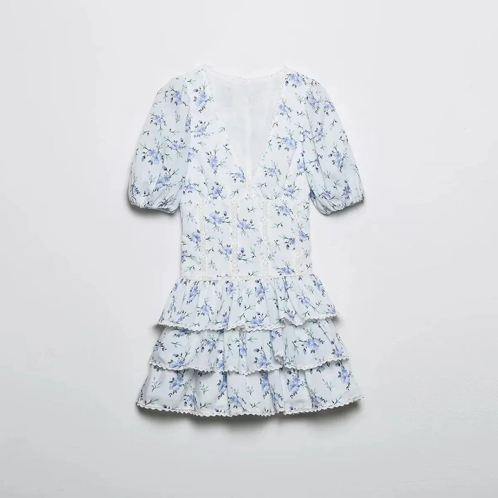 Foridol Blue Flower Print Women Tiered Mini Aummer Autumn Beach Dress Puff Sleeve Vintage Party Cotton Short Boho Lace Dress