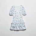 Foridol Blue Flower Print Women Tiered Mini Aummer Autumn Beach Dress Puff Sleeve Vintage Party Cotton Short Boho Lace Dress