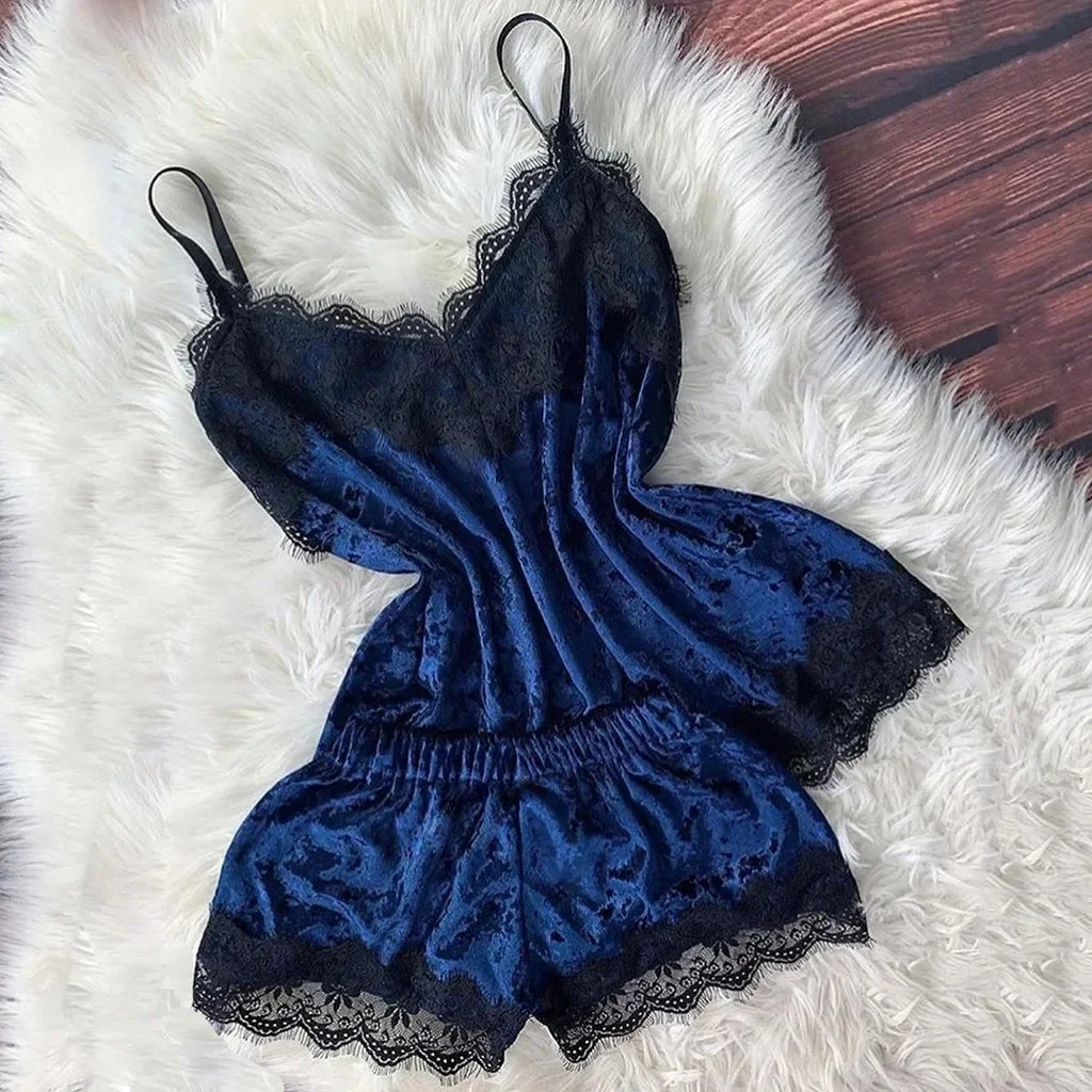 Summer Velvet Pyjamas Set for Women Sleepwear Sleeveless Straps Nightwear Lace Trim Cami Top and Shorts Sets Sexy Lingerie