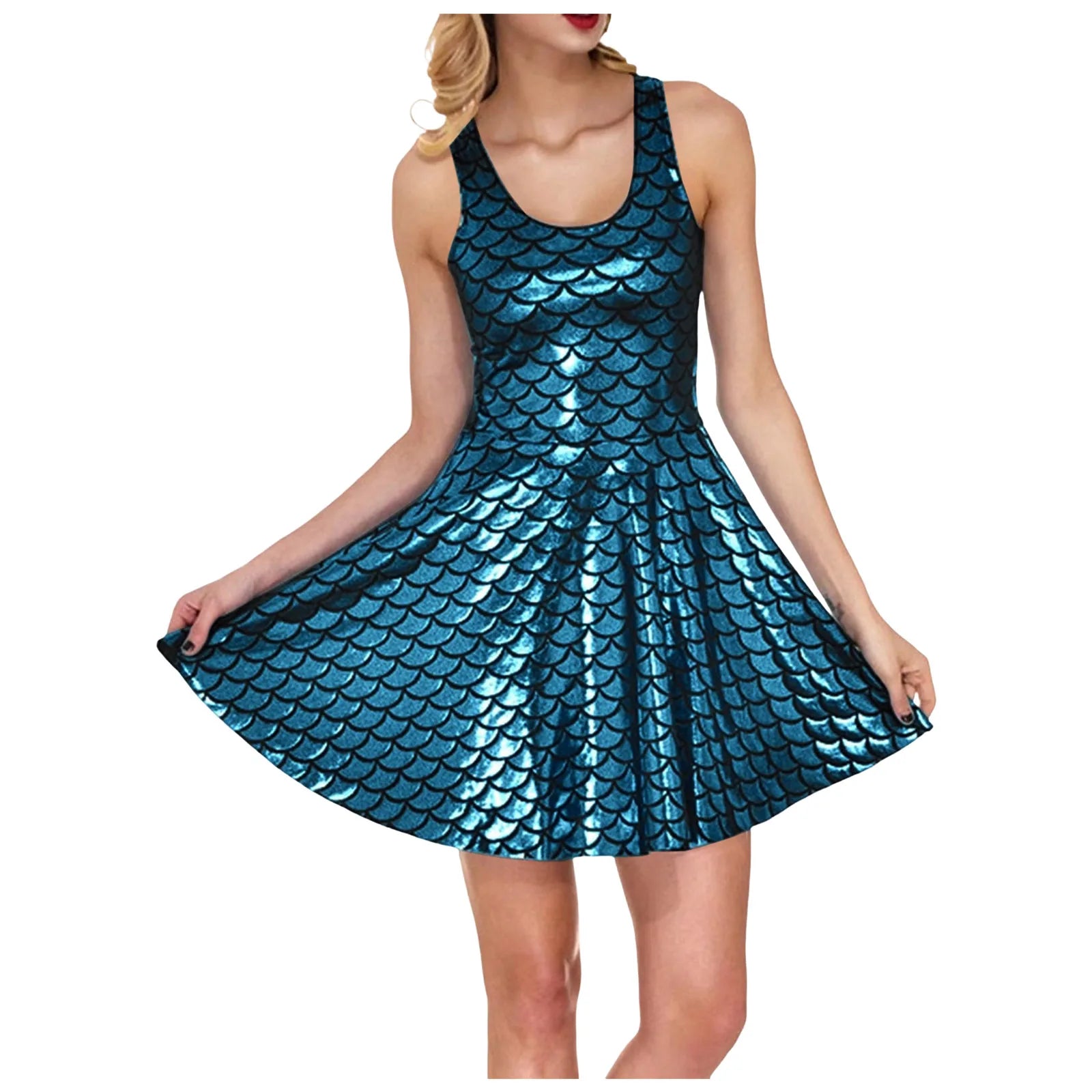 Cocktail Dress Womens Glitter Costume Party Dresses Swing A Line Metallic Shiny Festival Outfit Cosplay Fish Scale Vestidos