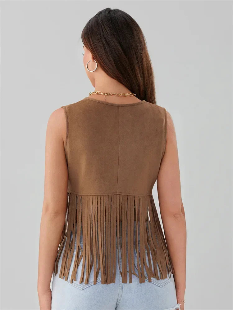Women Riveted Tassel Vest Coat Sleeveless Cardigan Tops Coat Summer Casual Waistcoat Gilet