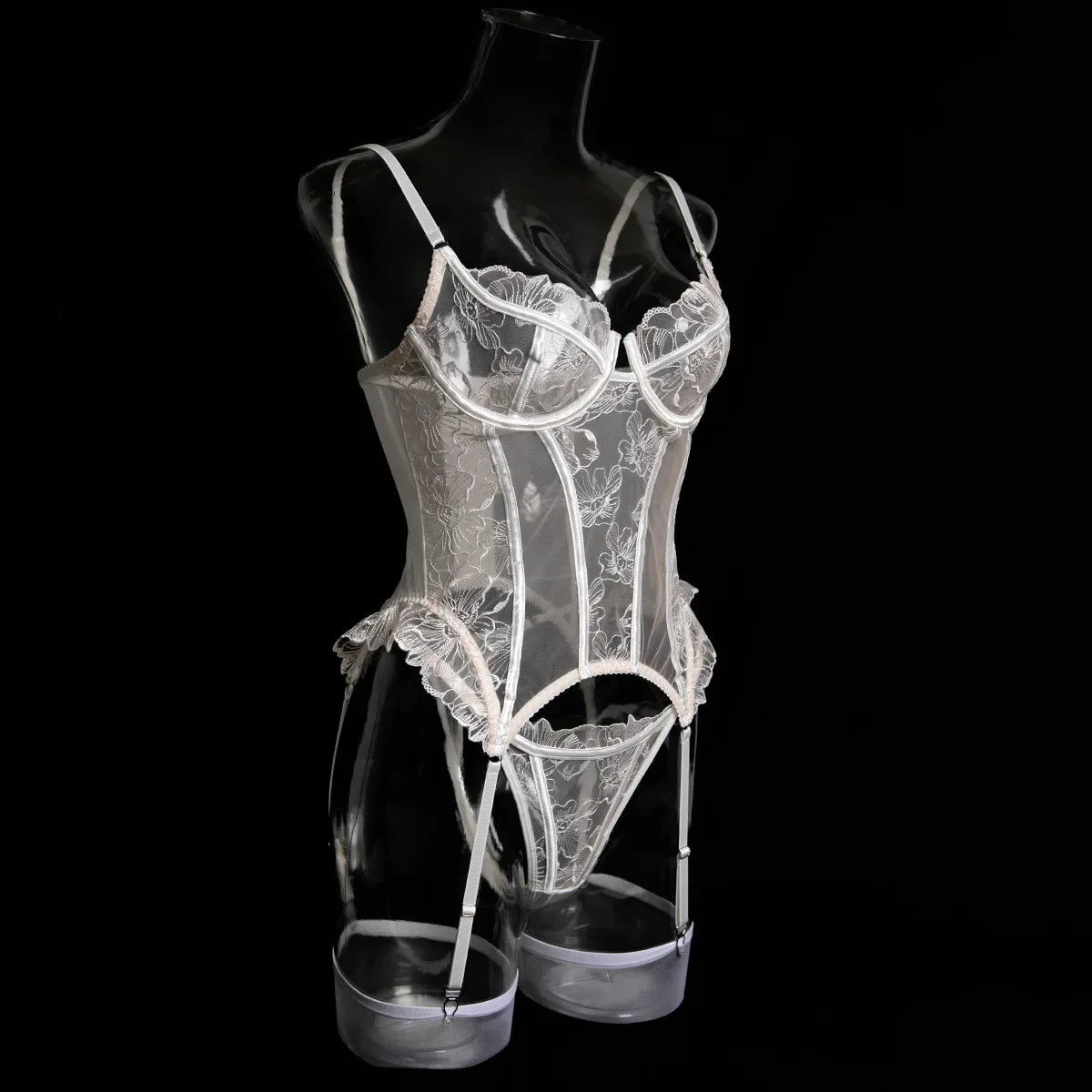 Embroidered flower underwear, sexy three-point mesh fishbone body shaping sexy suit with stockings