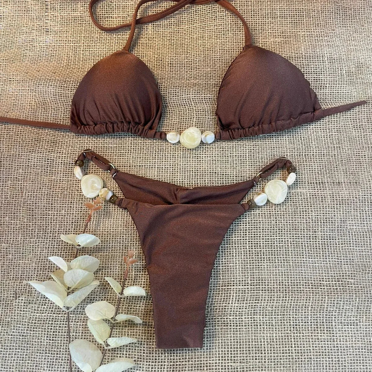 Shiny Halter High Cut Beads Bikini Women Swimwear Female Swimsuit Two-pieces Bikini Set Bather Bathing Suit Swim Lady Beach Wear