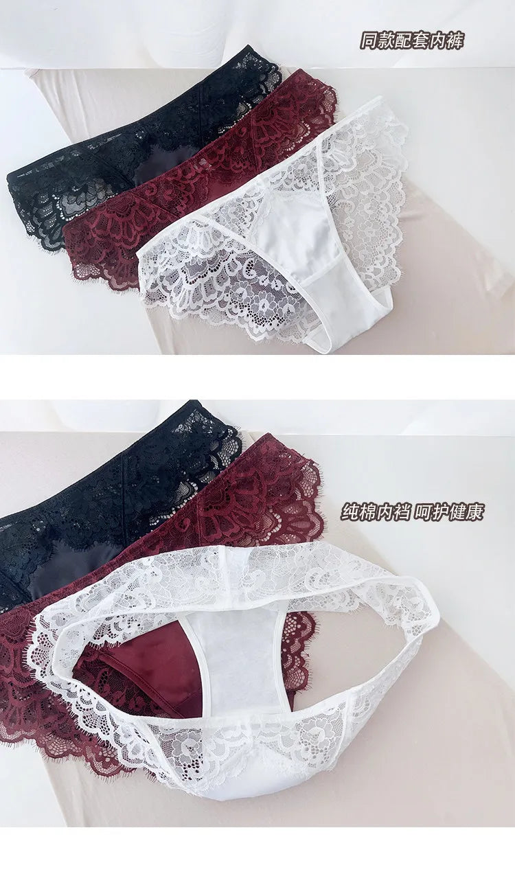 French Lace Bra Set Women Sexy Deep V Push Up Big Bust Minimizer Anti Sagging Support Wireless Comfort Summer Ultra Thin Cotton