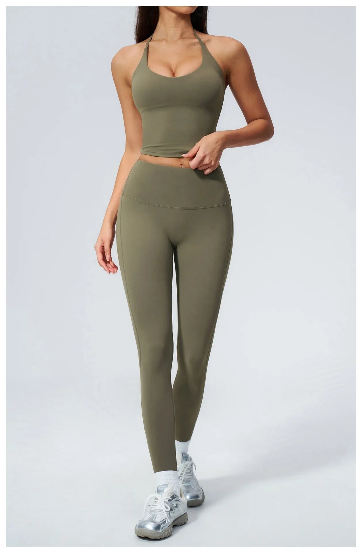 Women Tracksuit 2PCS Seamless Yoga Sets Hanging V Neck Slim Sports Tank Top Fitness Outfits Gym Running High Waist Leggings Suit