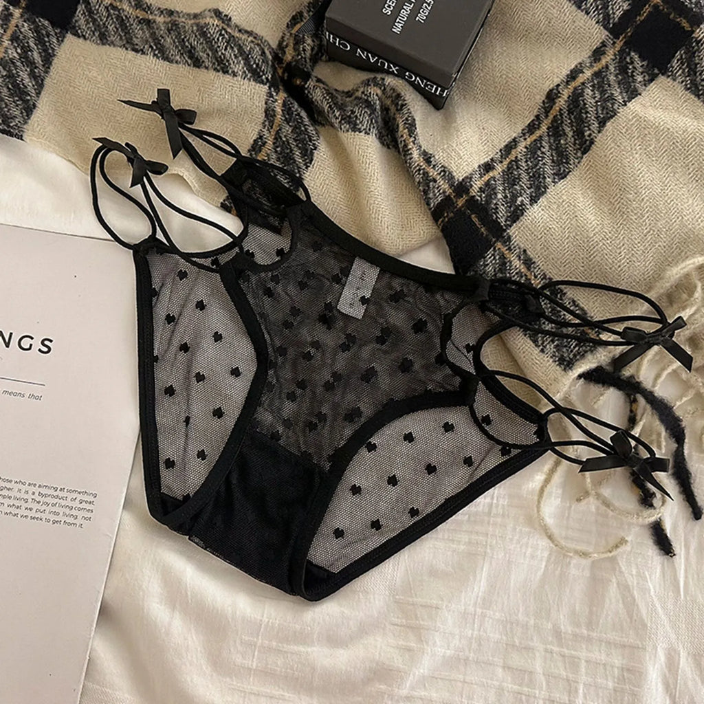 2026 Womens Briefs Sexy Love Mesh Transparent Low Waist Triangle Pants Thin Bow Knot Hollow Breathable Thongs Ruffled Panties
