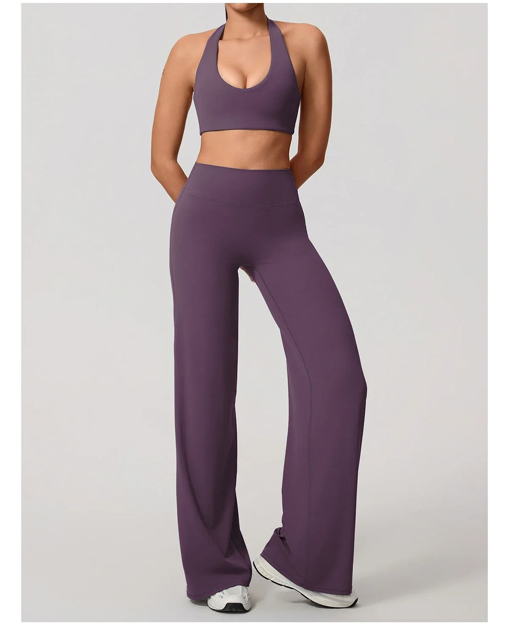 Hearuisavy Summer Yoga Set 2Pcs Women Breathable Backless Halter-Neck Sports Bra Push Up Pilates Fitness Top Straight Leg Pants