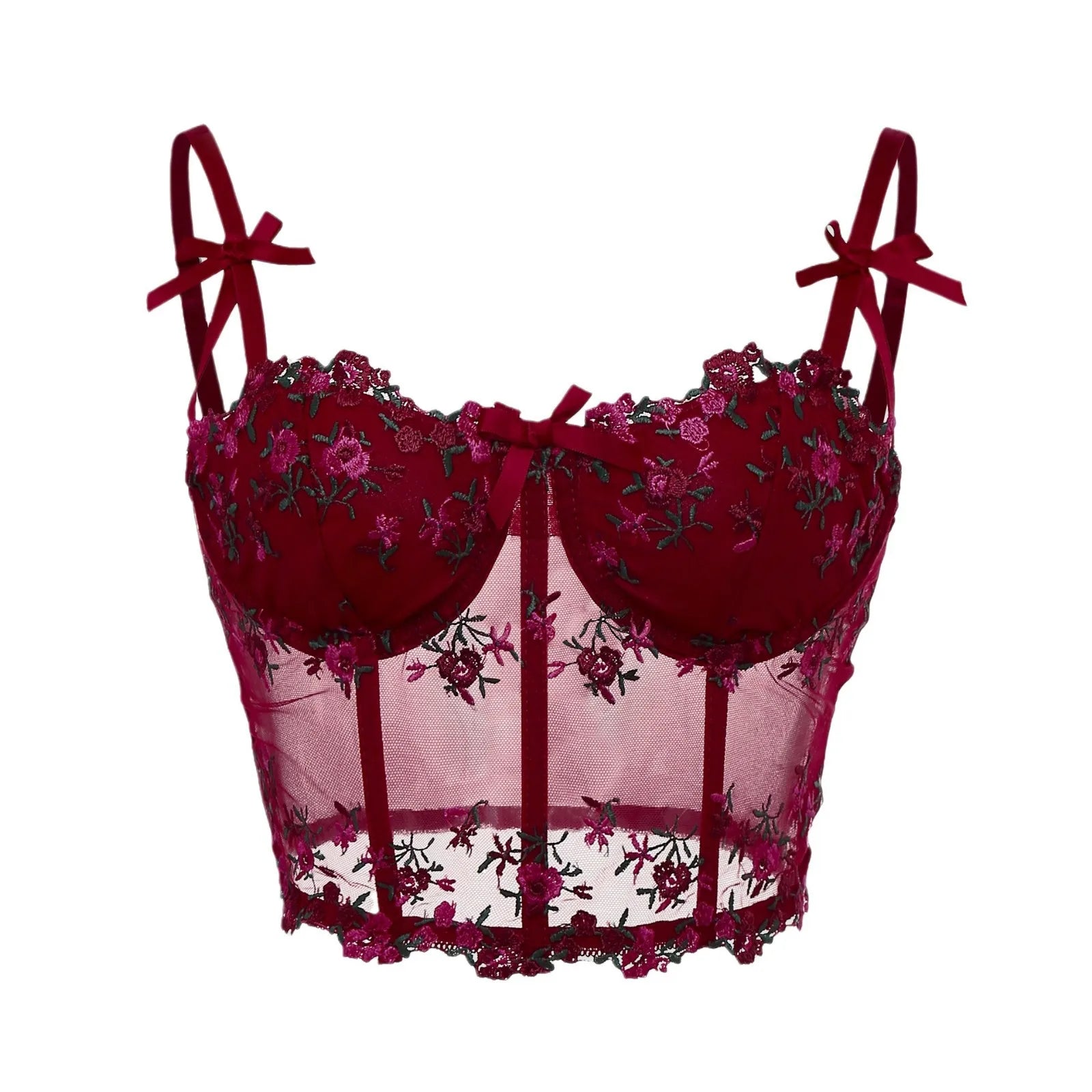 Sexy Lace Floral Embroidery Bow Corset For Women Camisole Sheer Mesh Fishbone Slim Crop Top Wired Bra Camis Festival Lingerie