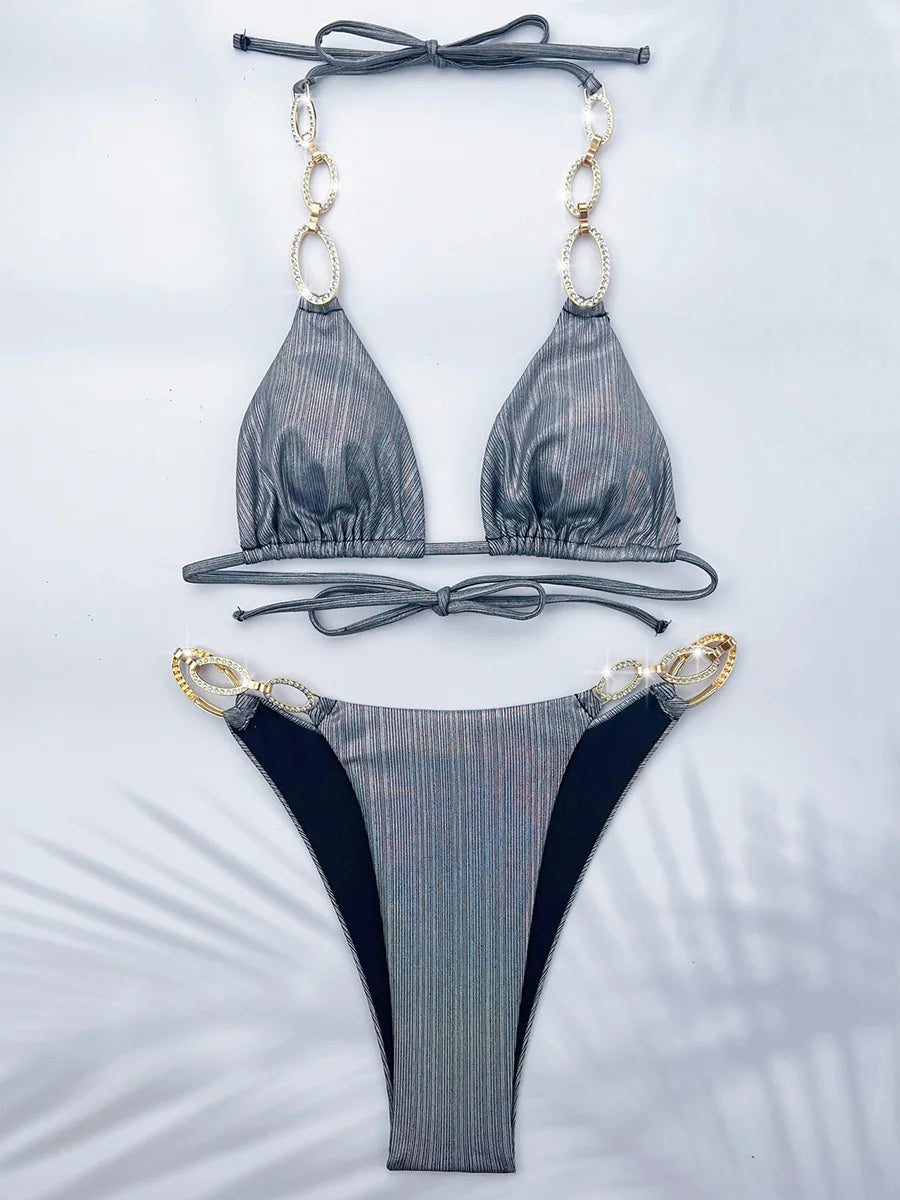 Shiny Metal Chains Rhinestone Diamond Bikini Female Swimsuit Women Swimwear Two-pieces Bikini Set Halter Bathing Suit Swim Lady