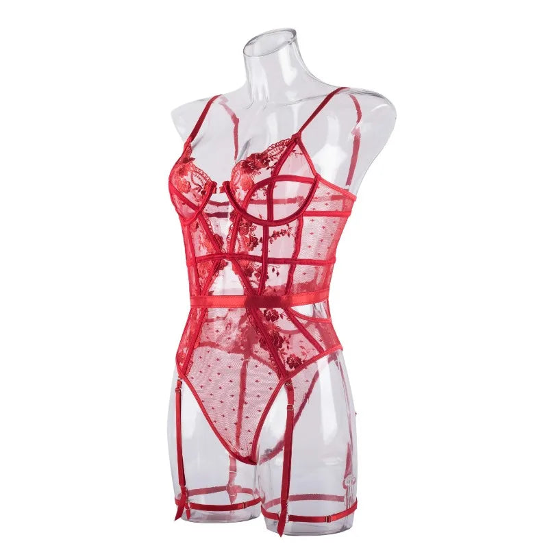 Toucheart Lace Sexy Skinny Babydoll Bodysuit Embroidery Erotic Private Adult Suit Solid Color Patchwork High Waisted Sexy Set