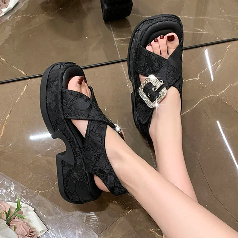 Fashion Crystal Buckle Platform Sandals Women Pink Embroidery Thick Heels Sandalias Mujer Comfortable Heightened Rome Sandals