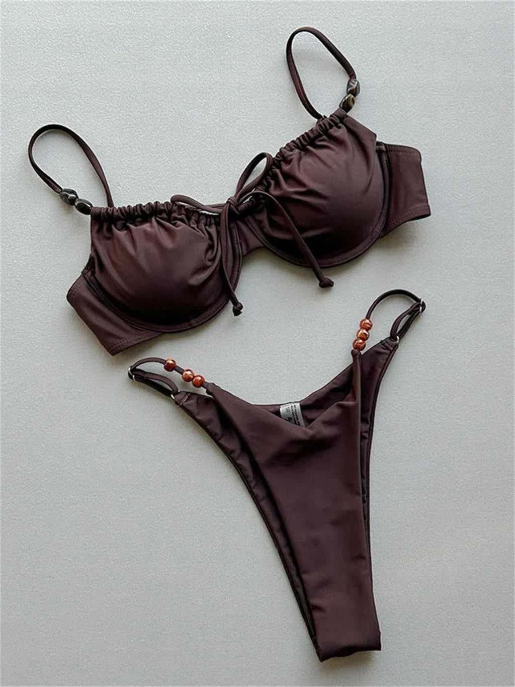 Sexy Coffee Bikini Set Women Front Tie Pleate Push Up Underwire Bra Beaded String Thong Swimsuit 2026 Bathing Suit Pool Swimwear